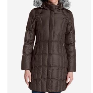 EDDIE Bauer Brown Premium Goose Down Long Puffer Coat Removable Hood Size M